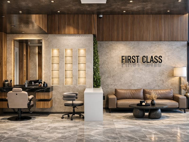 First Class Kuaför karşılama ve bekleme alanı – Erbayraktar İç Mimarlık