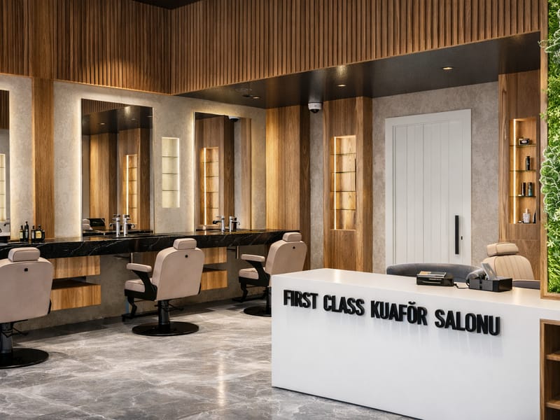 First Class Kuaför resepsiyon ve salon görünümü – Erbayraktar İç Mimarlık