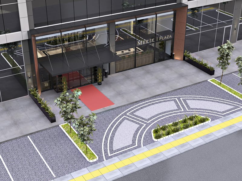 Mekik Plaza bina girişi ve peyzaj düzenlemesi – Erbayraktar İç Mimarlık