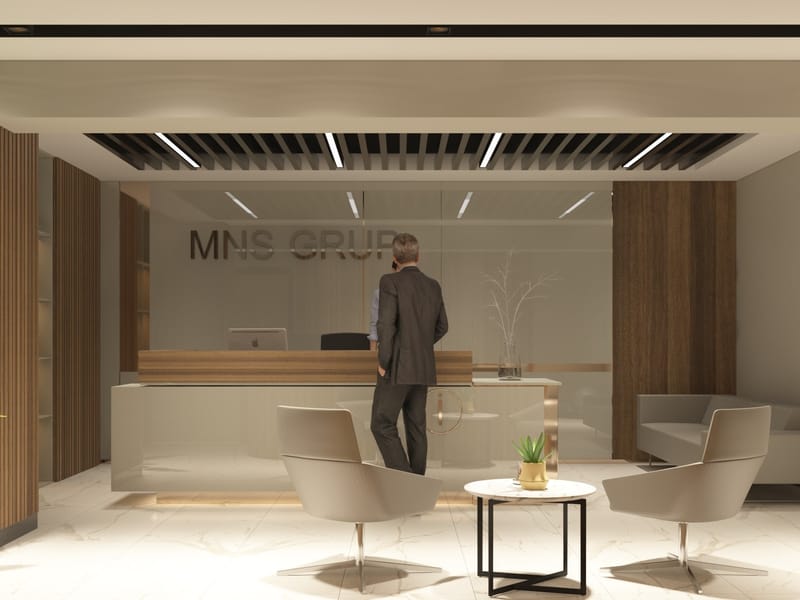 MNS Grup Ofis resepsiyon alanı – Erbayraktar İç Mimarlık