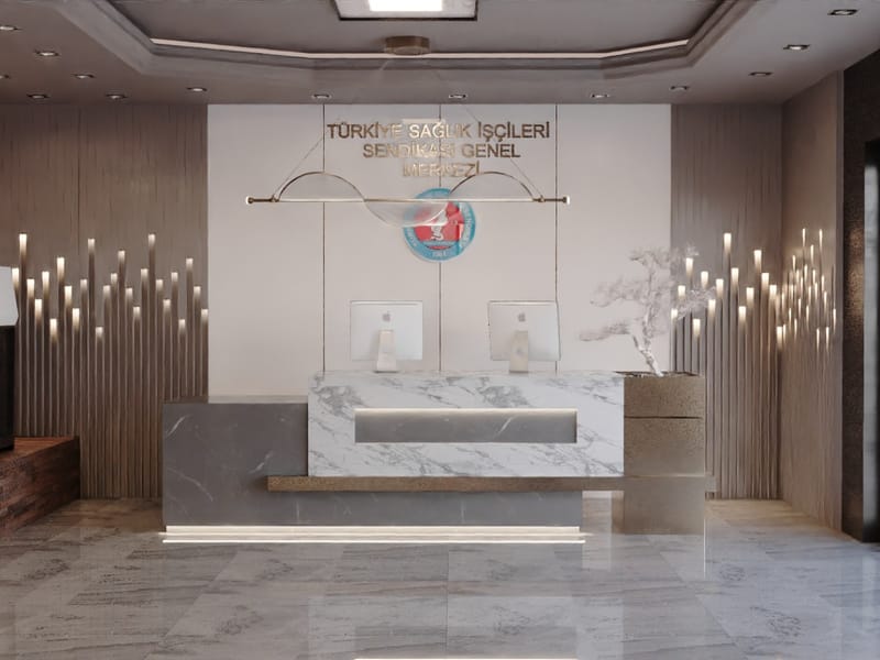 Türkiye Sağlık İşçileri Sendikası resepsiyon ve logo duvarı – Erbayraktar İç Mimarlık