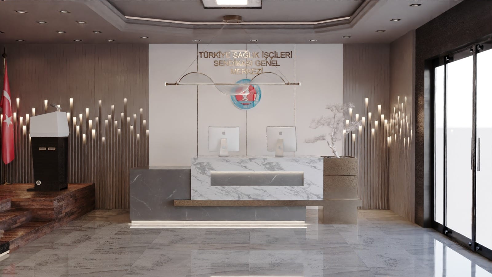 Türkiye Sağlık İşçileri Sendikası resepsiyon ve logo duvarı – Erbayraktar İç Mimarlık
